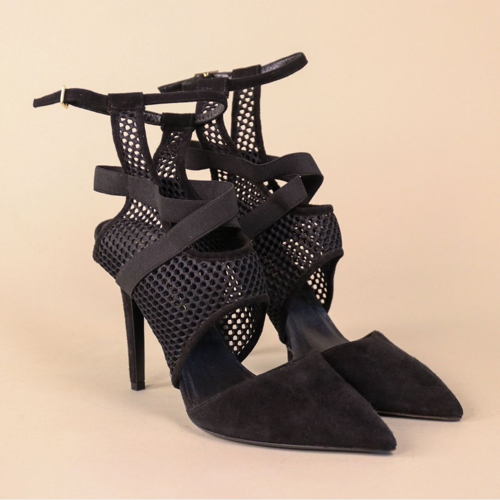 NWT Tamara Mellon Black Suede and Mesh Strappy Heels - Size 37.5 US 7